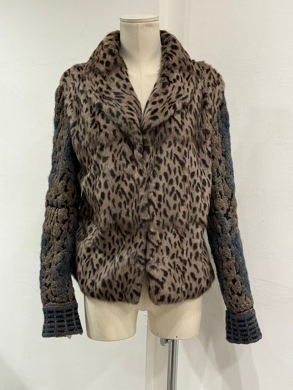 2000s Roberto Cavalli leopard print jacket with knit sleeves and fur details