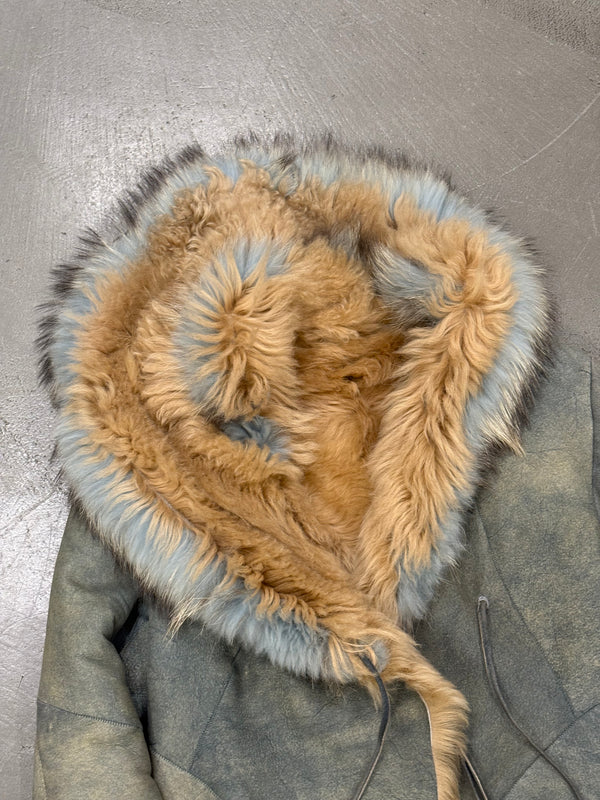 A/W2001 Roberto Cavalli teal asymmetrical shearling jacket