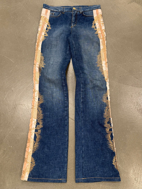 2004 Roberto Cavalli flared denim jeans with ornate side detailing
