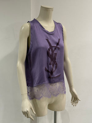 2000s Yves Saint Laurent by Tom Ford logo lace hem silk top