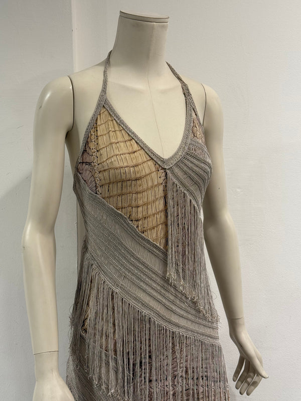 S/S2011 Roberto Cavalli crocodile print fringe halter mini dress