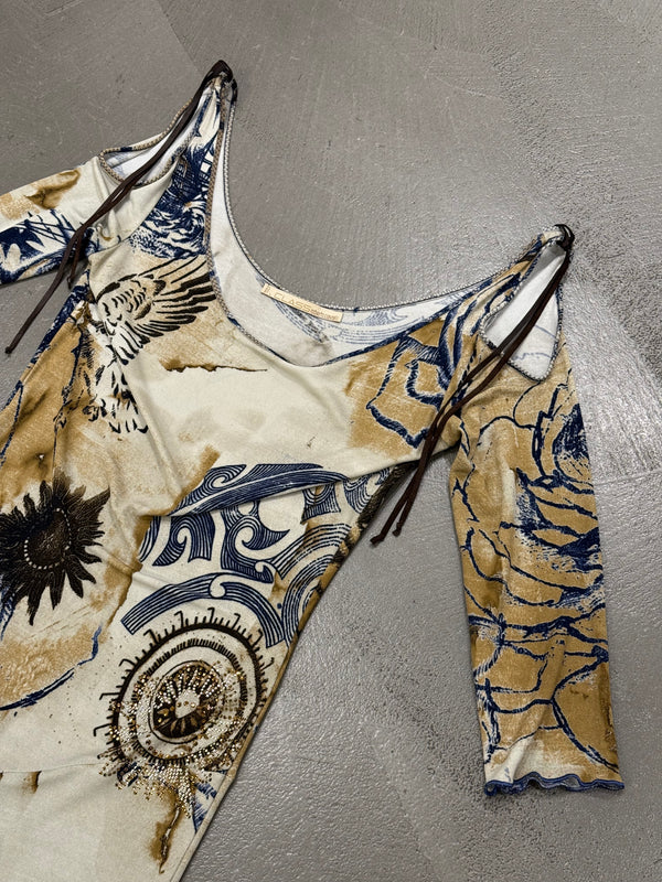 2000s Roberto Cavalli geometric open shoulder long dress