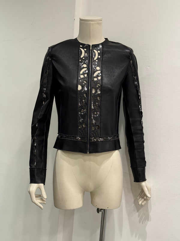 2000s Fendi collarless laser-cut leather jacket