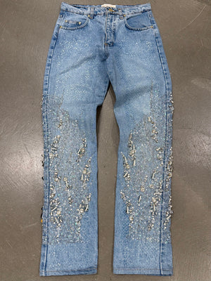 1999 Roberto Cavalli crystal embellished denim straight jeans
