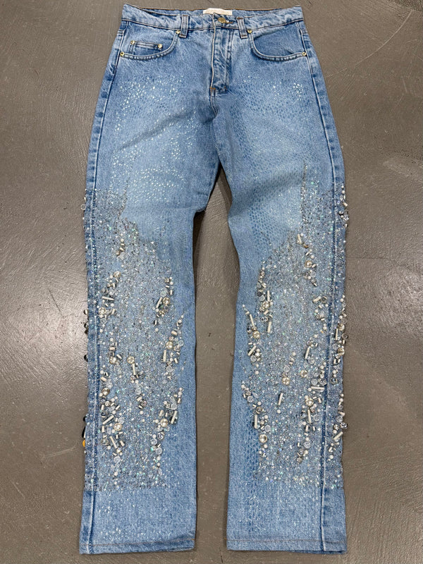 1999 Roberto Cavalli crystal embellished denim straight jeans
