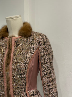 2004 Roberto Cavalli tweed leather fur trim jacket