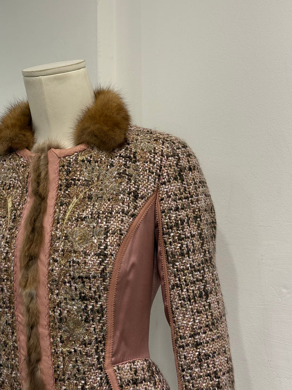 2004 Roberto Cavalli tweed leather fur trim jacket