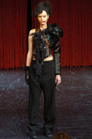 A/W 2004 Comme des Garçons runway feather shoulder mesh top