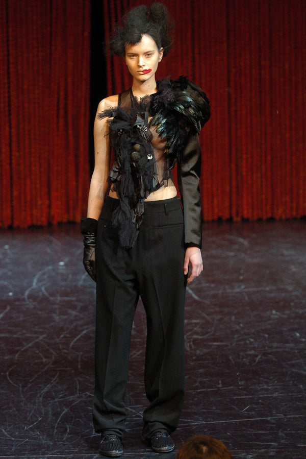 A/W 2004 Comme des Garçons runway feather shoulder mesh top