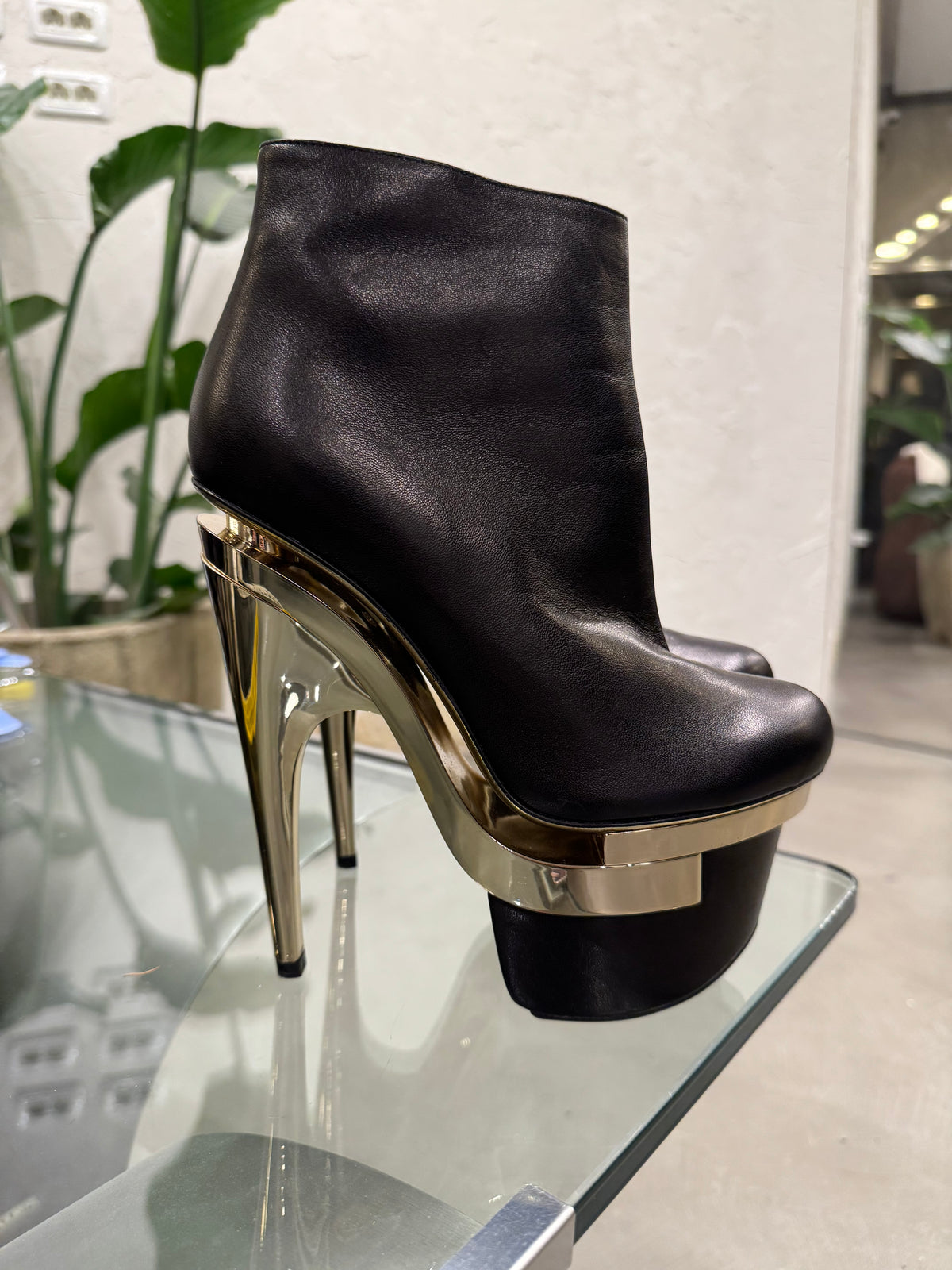 Versace black leather triple platform heels Versace Black Gold Triple Leather High Platforms main image 0