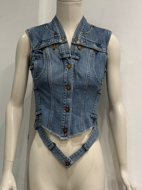 2000s Alexander McQueen distressed lace-up denim vest