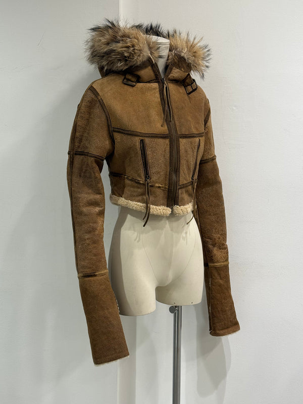 A/W2003 Roberto Cavalli cropped shearling aviator jacket with fox fur hood