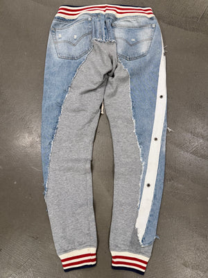 2010s Greg Lauren reconstructed hybrid 50/50 borg denim sweatpants