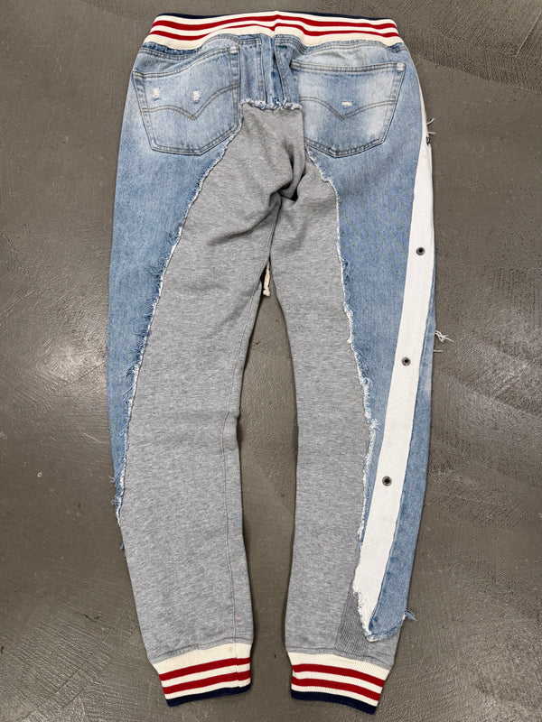 2010s Greg Lauren reconstructed hybrid 50/50 borg denim sweatpants