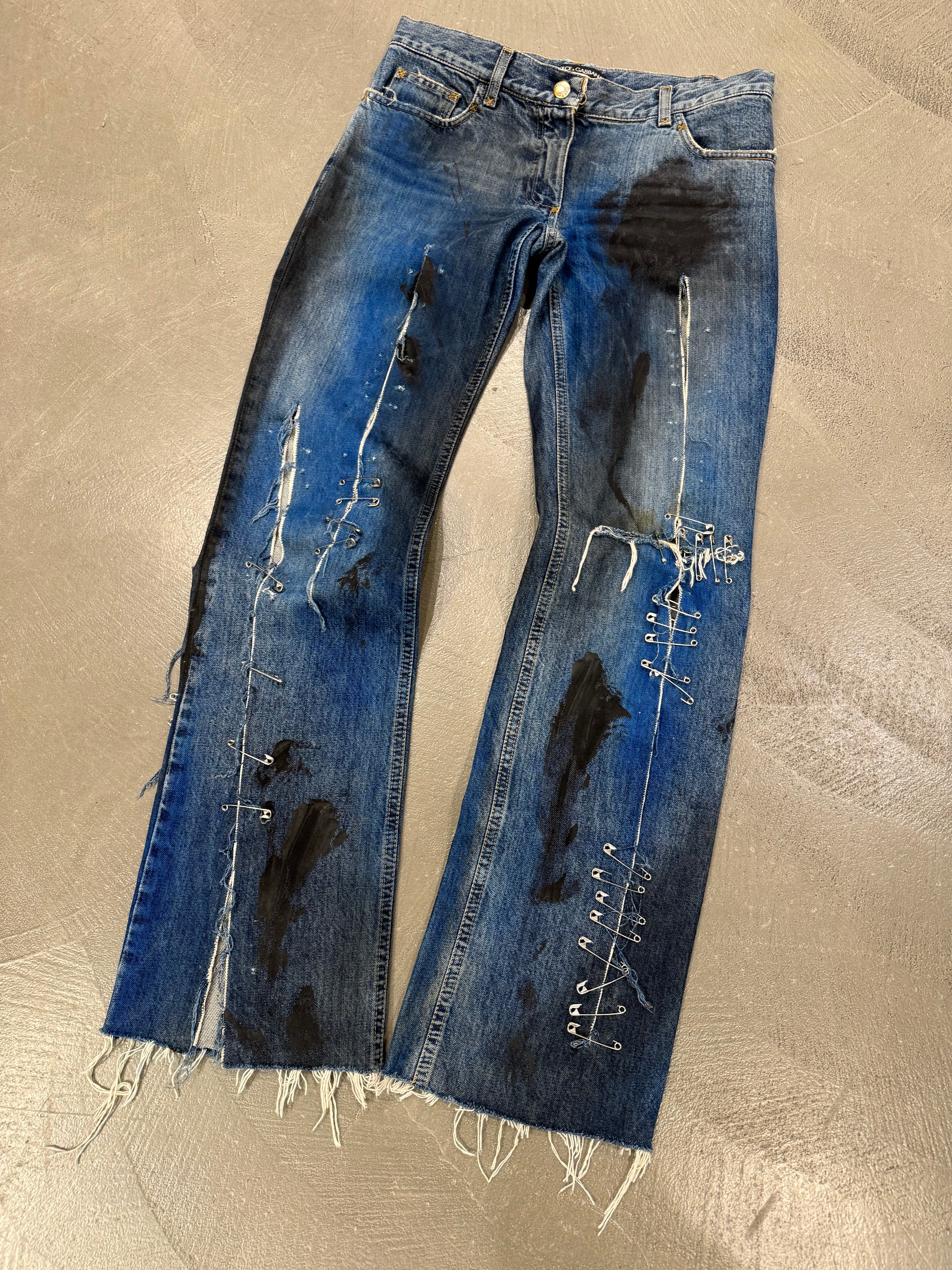 S/S2001 Dolce & Gabbana safety pin distressed painted jeans