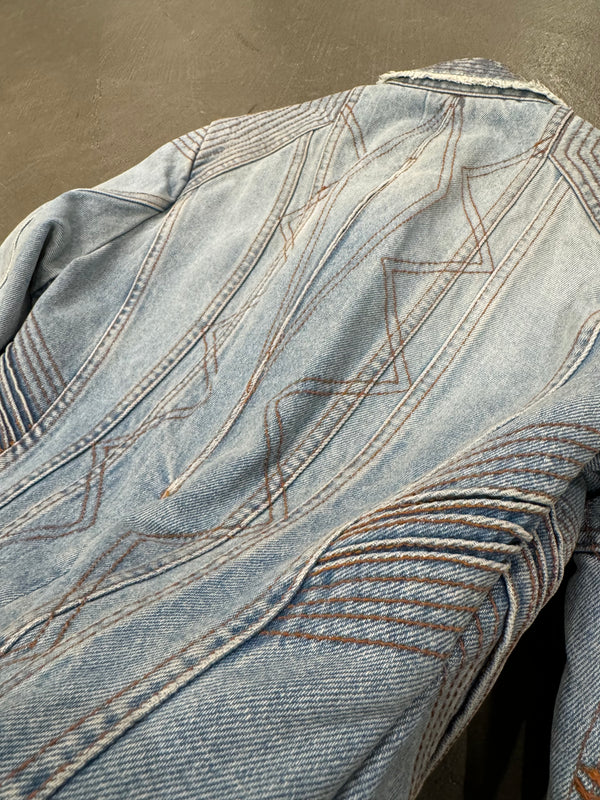 2000s Roberto Cavalli mainline paneled biker denim jacket