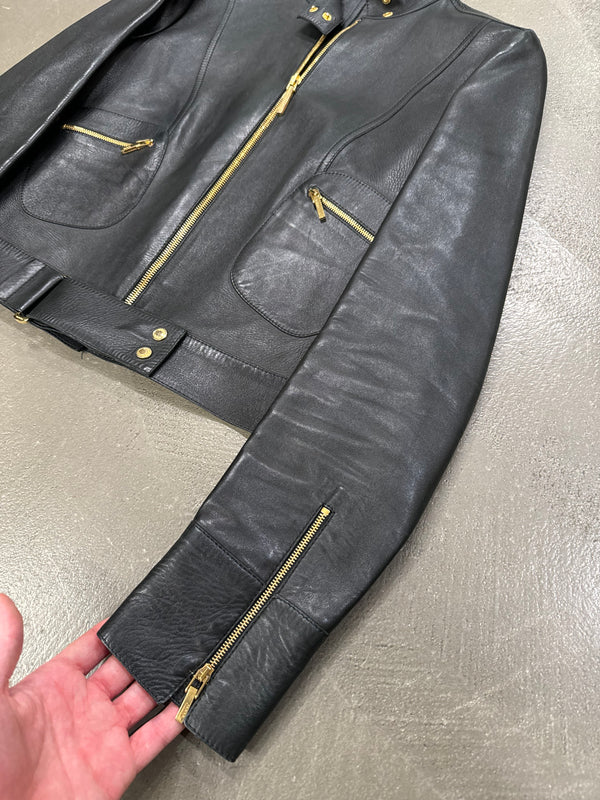 S/S1999 Gucci by Tom Ford fitted black biker leather jacket with gold accents