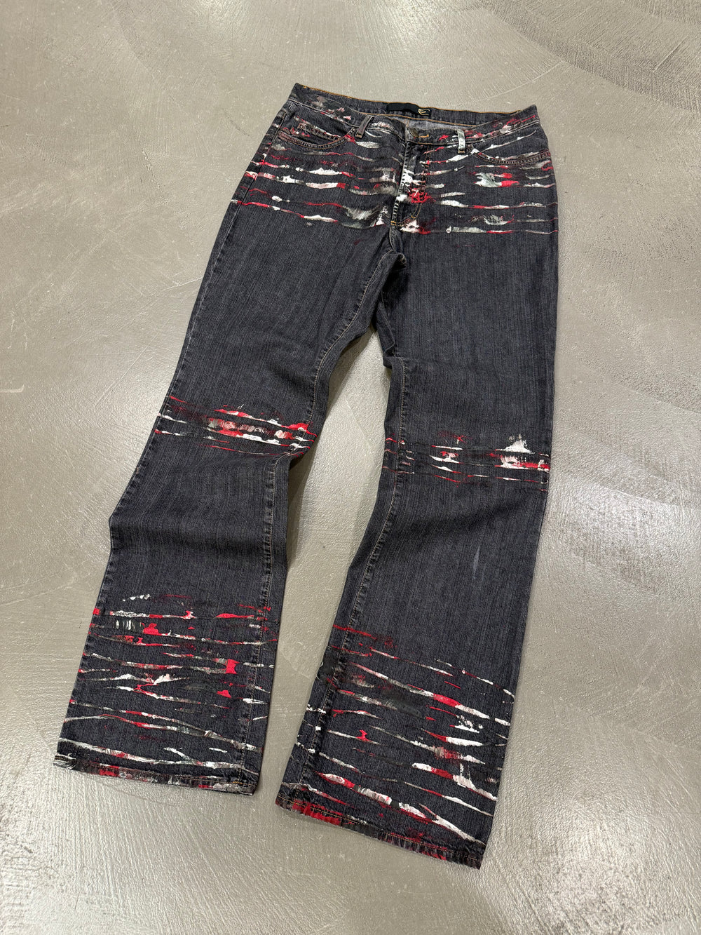 2001 Just Cavalli distressed paint splatter flare jeans