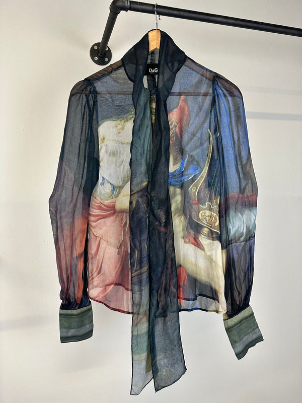 2000s Dolce & Gabbana painting print portrait silk shirt