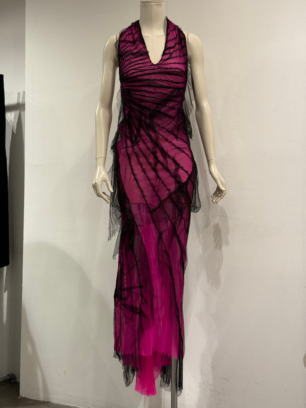 S/S2001 Roberto Cavalli runway distressed silk halter evening dress