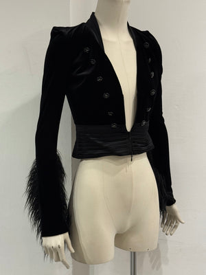2022 Emporio Armani velvet napoleon jacket with feather trim