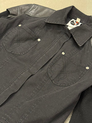 2000s Plein Sud hybrid biker denim jacket with leather shoulders