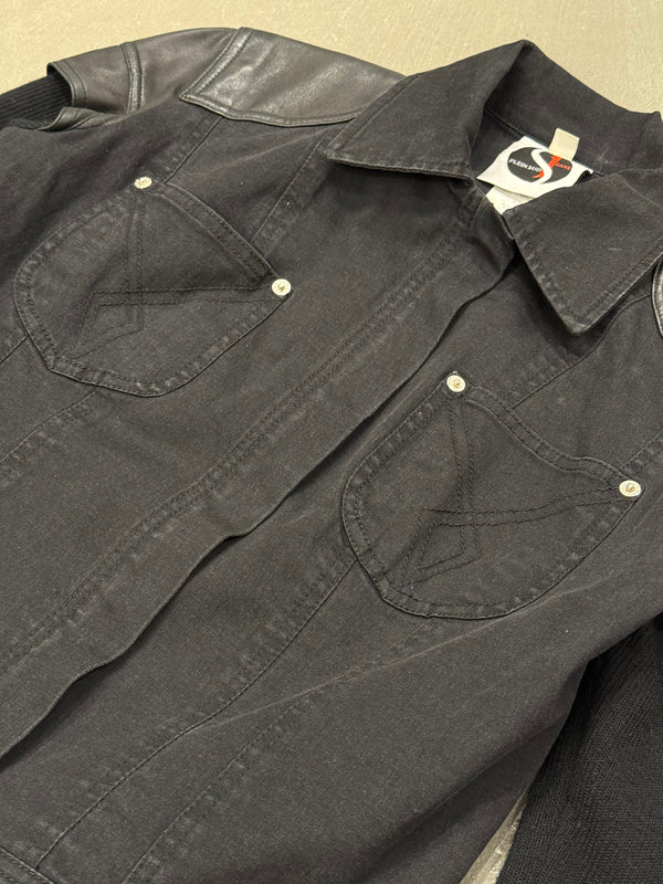 2000s Plein Sud hybrid biker denim jacket with leather shoulders