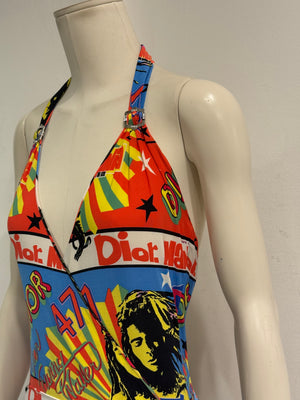S/S2002 Christian Dior Rasta collection print halter mini dress