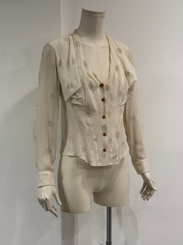2000s Vivienne Westwood red label orb ruffle sheer blouse