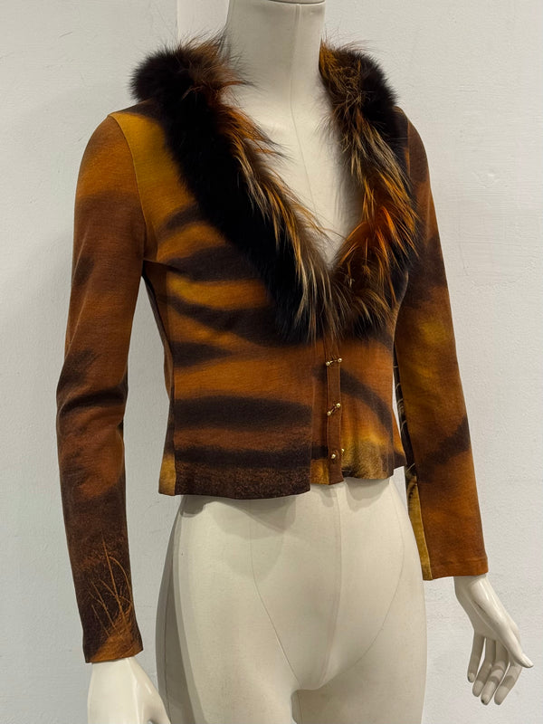 F/W2000 Roberto Cavalli tiger print cardigan with fur collar