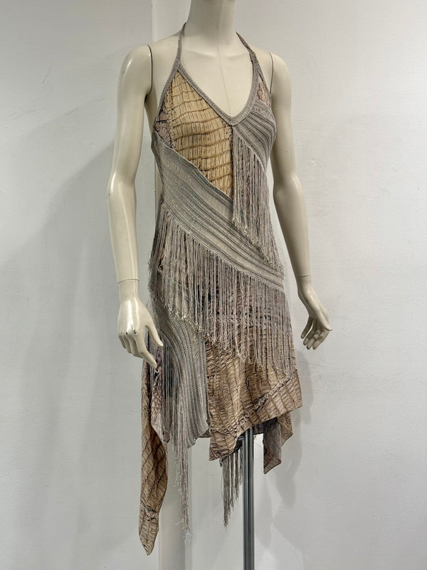 S/S2011 Roberto Cavalli crocodile print fringe halter mini dress