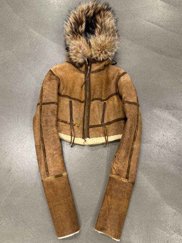 A/W2003 Roberto Cavalli cropped shearling aviator jacket with fox fur hood