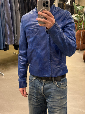 2010s Berluti distressed blue biker nabuck leather jacket
