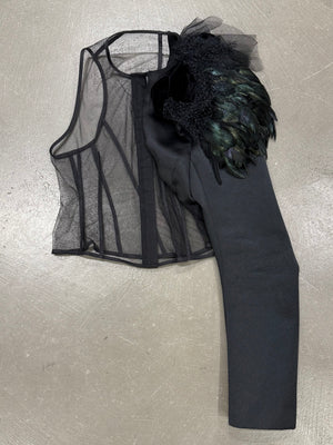 A/W 2004 Comme des Garçons runway feather shoulder mesh top