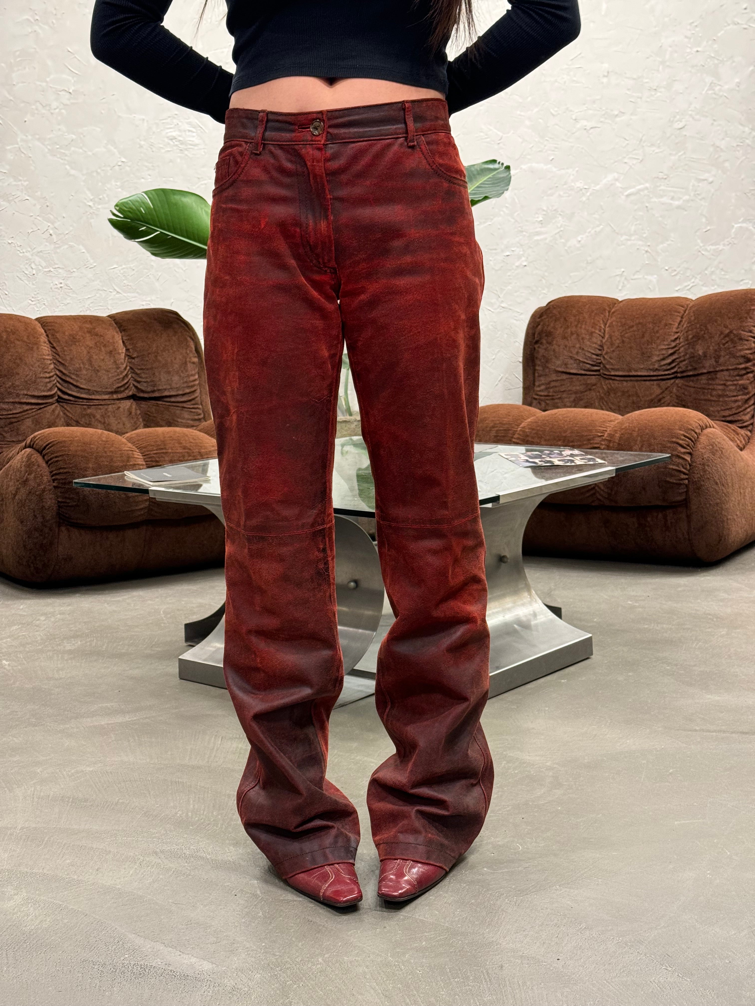 ボトムスその他 ANN DEMEULEMEESTER Women Pants 19021405P272039 Red A/W2001 Ann Demeulemeester distressed painted red leather pants