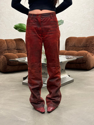 A/W2001 Ann Demeulemeester distressed painted red leather pants