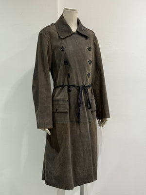 2002 Ann Demeulemeester distressed leather double-breasted belted coat