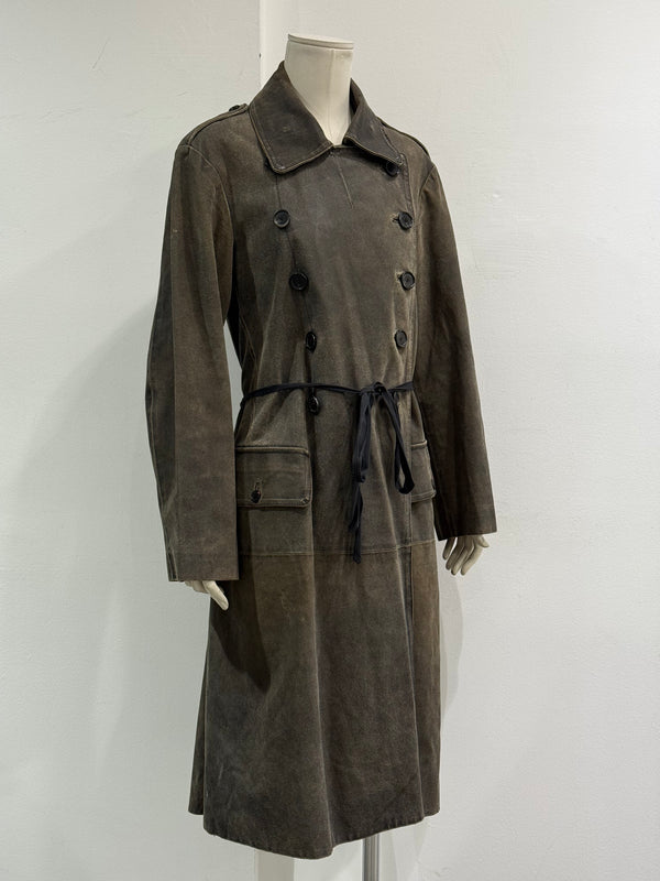 2002 Ann Demeulemeester distressed leather double-breasted belted coat