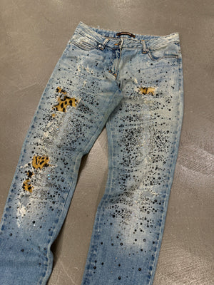 Roberto Cavalli distressed leopard patch glitter embellished jeans