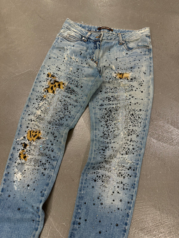 Roberto Cavalli distressed leopard patch glitter embellished jeans