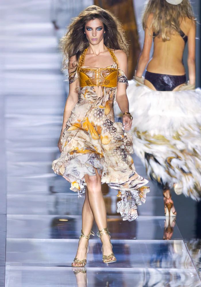 SS2004 Roberto Cavalli feather print silk dress