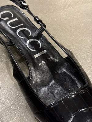 2000s Gucci embossed croc slingback heels