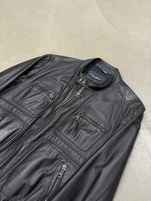 2000s Dolce & Gabbana leather bomber jacket with multiple zip pockets