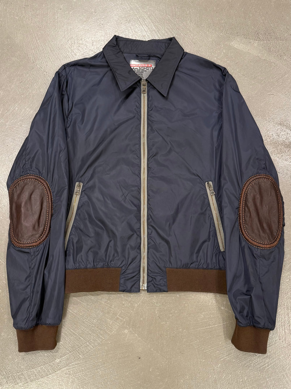 2000s Prada bomber nylon jacket with contrast elbow leatherpatch detailing