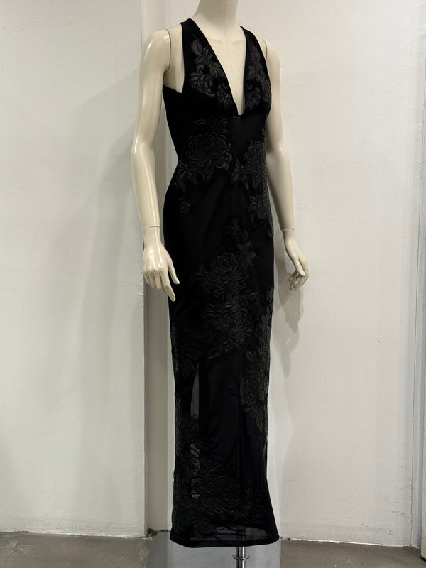 A/W2002 Roberto Cavalli runway leather floral patches sheer dress