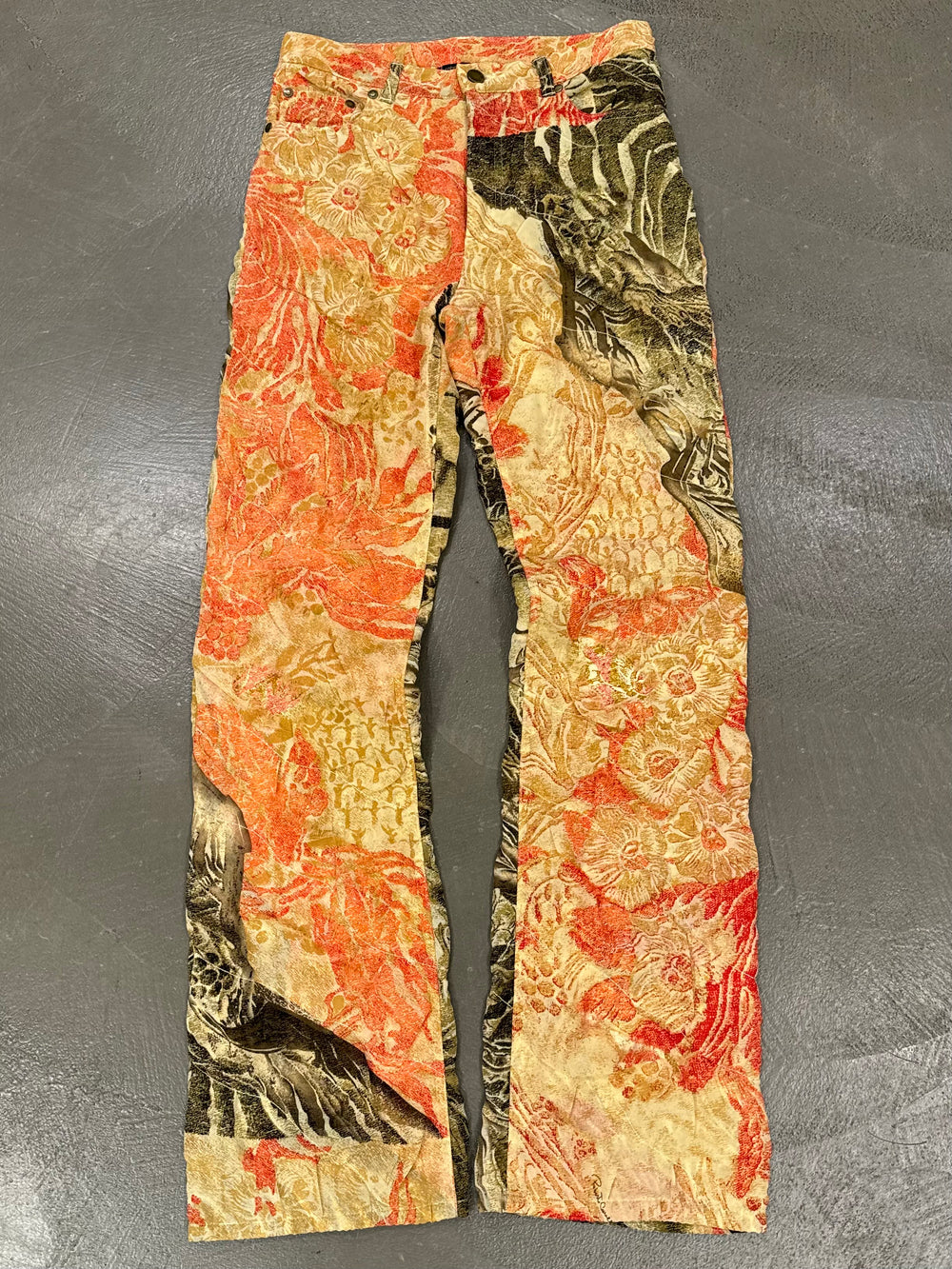 F/W 2001 Roberto Cavalli double silk layer burned distressed pants