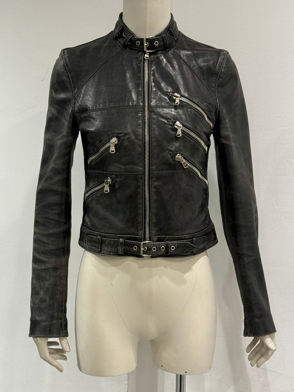 2001 Dolce & Gabbana multi zip faded distressed biker leather jacket