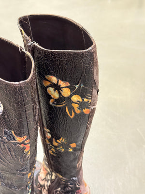 2003 Roberto Cavalli embossed leather appliqué knee-high boots