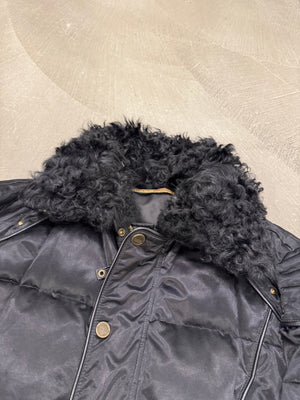 2000s Roberto Cavalli studded boxy armor puffer bomber jacket with removable fur