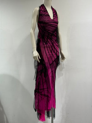 S/S2001 Roberto Cavalli runway distressed silk halter evening dress